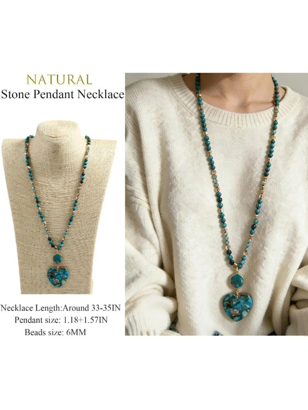 Boho Beaded Pendant Necklace for Women & Men - Natural Turquoise & Tiger Eye